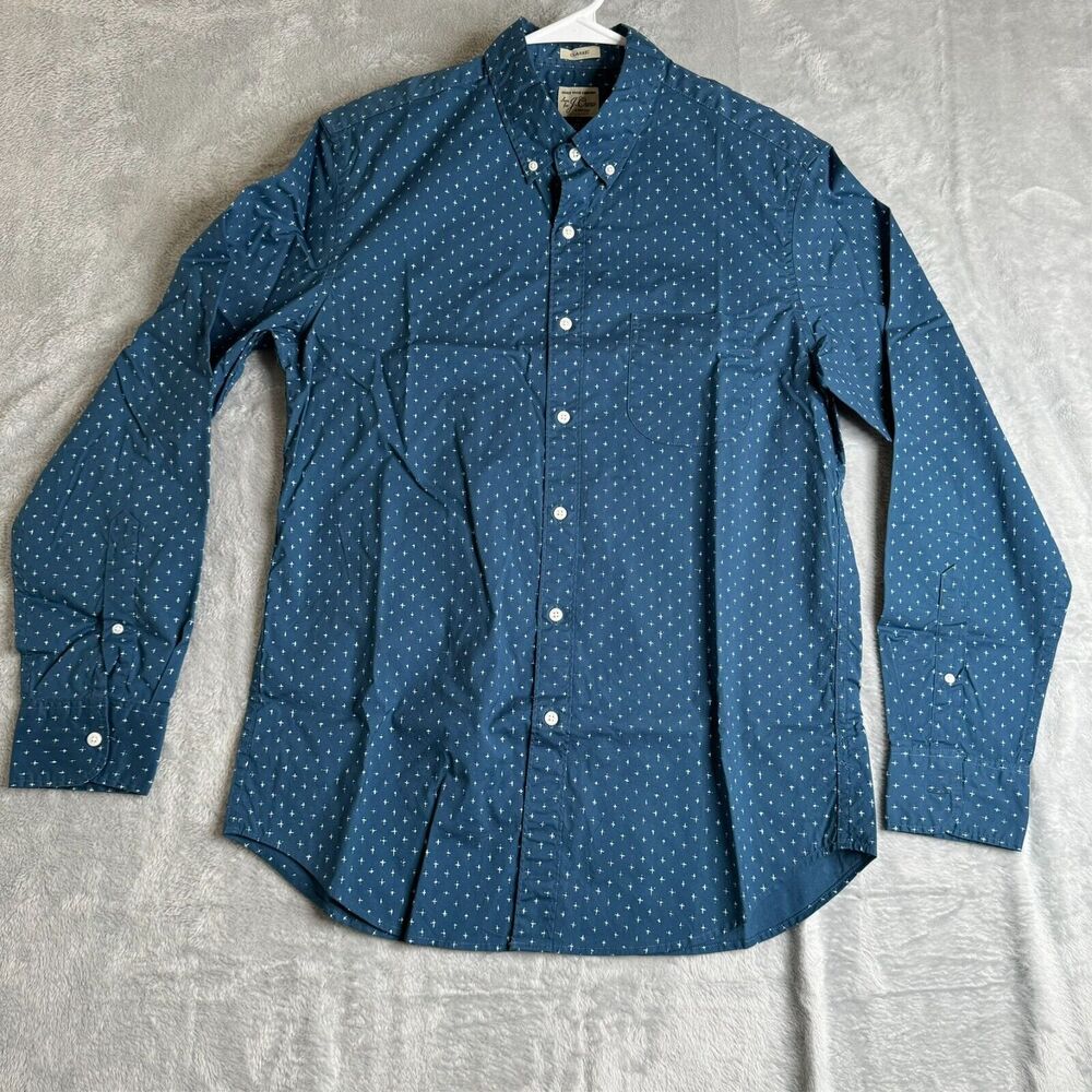 J Crew Shirt Mens M Blue Print Poplin Cotton Button Up Stretch Secret Wash